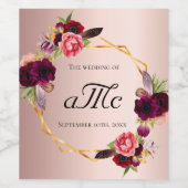 Étiquette Pour Bouteilles De Vin Mariage de monogramme rose or bordeaux fleuri (Étiquettes simples)