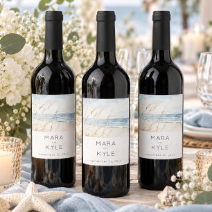 Étiquette Pour Bouteilles De Vin Mariage de plage à l'aquarelle moderne au bord de