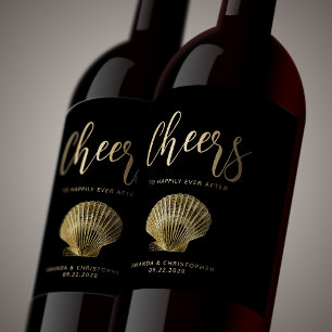 Étiquette Pour Bouteilles De Vin Mariage de plage côtière Black Gold Cheers