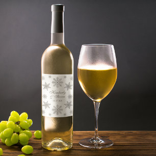 Étiquette Pour Bouteilles De Vin Mariage d'Hiver Flocon de Neige Argenté