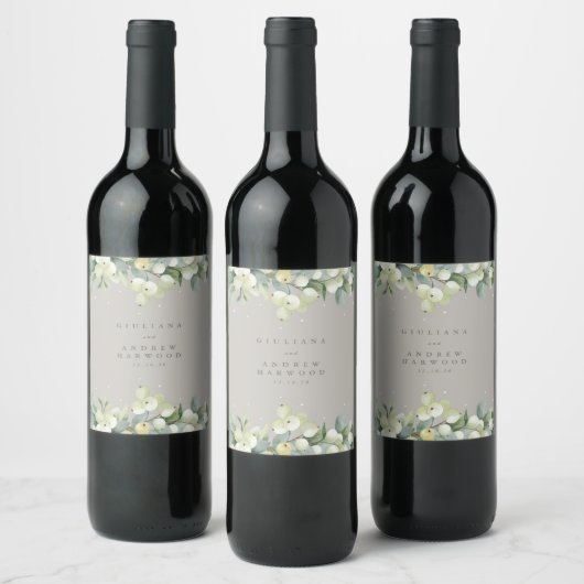 Étiquette Pour Bouteilles De Vin Mariage d'hiver Greige Snowberry+Eucalyptus (Bouteilles)