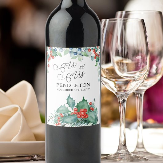 Étiquette Pour Bouteilles De Vin Mariage d'hiver Houx et Baies
