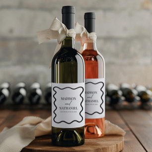 Étiquette Pour Bouteilles De Vin Mariage Élégant Bordure Ondulée Noir Blanc