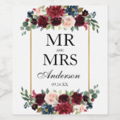 Étiquette Pour Bouteilles De Vin Mariage élégant Floral Bourgogne Bleu Or (Étiquettes simples)