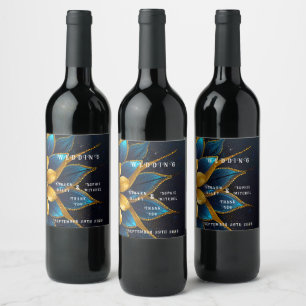 Étiquette Pour Bouteilles De Vin Mariage Élégant Saphir et Or à Motif Floral