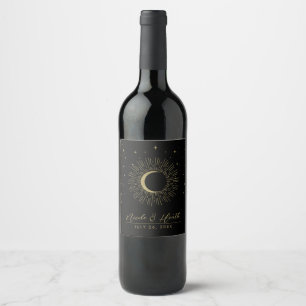 Étiquette Pour Bouteilles De Vin Mariage étoilé noir et or Soleil éclaté Lune