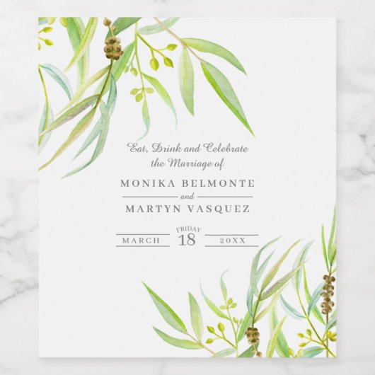 Étiquette Pour Bouteilles De Vin Mariage Eucalyptus feuille vert (Étiquettes simples)