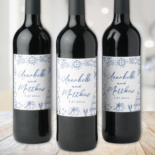 Étiquette Pour Bouteilles De Vin Mariage Fantaisiste Bleu Dessiné à la Main