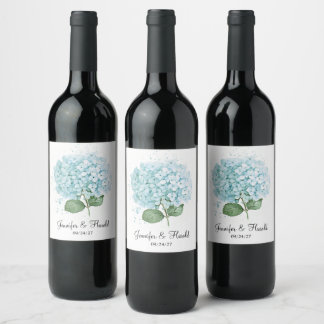 Étiquette Pour Bouteilles De Vin Mariage Fleur d'Hortensia Aquarelle Bleu Pastel