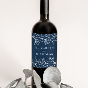 Étiquette Pour Bouteilles De Vin Mariage Fleur Esquisse Navy