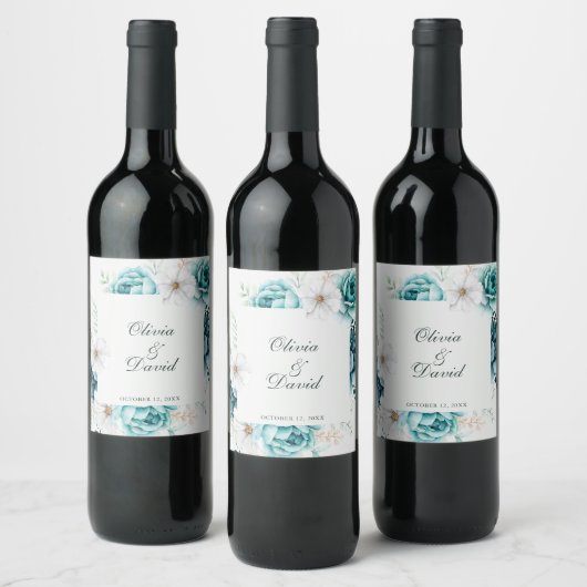 Étiquette Pour Bouteilles De Vin Mariage Fleur sauvage turquoise et non blanc (Bouteilles)