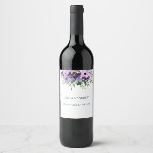 Étiquette Pour Bouteilles De Vin Mariage fleuri violet (Devant)