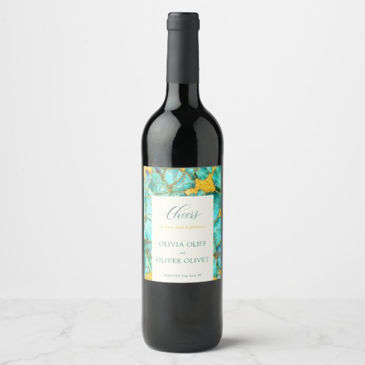 Étiquette Pour Bouteilles De Vin Mariage Fleurs turquoises (Devant)