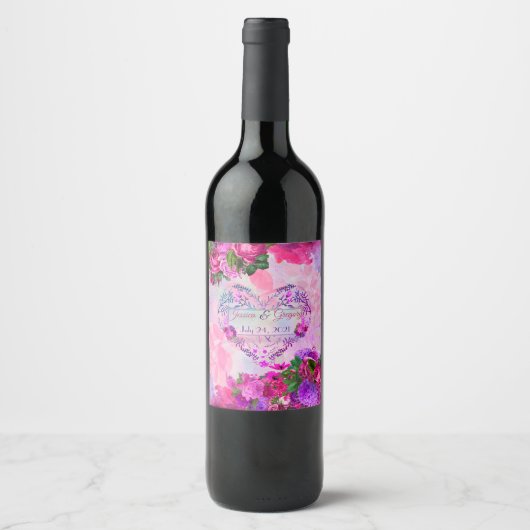 Étiquette Pour Bouteilles De Vin Mariage floral Amethyst framboise (Devant)