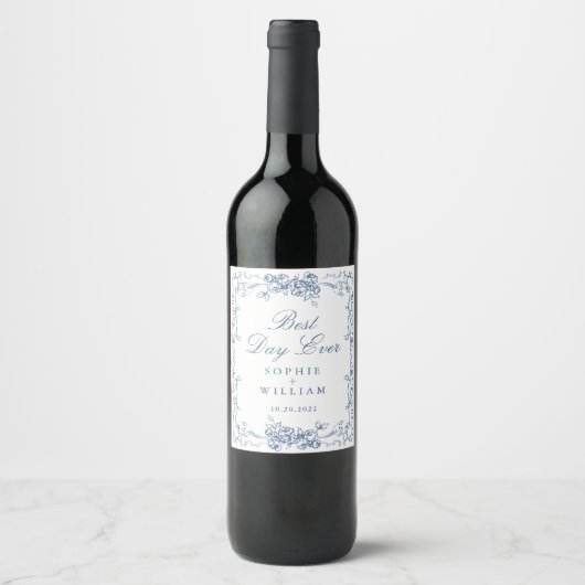 Étiquette Pour Bouteilles De Vin Mariage Floral bleu bleu de la Renaissance (Devant)