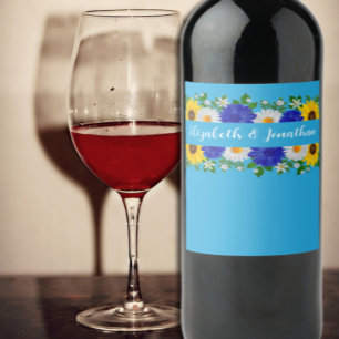 Étiquette Pour Bouteilles De Vin Mariage Floral bleu ciel d'été