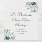 Étiquette Pour Bouteilles De Vin Mariage Floral Bleu espagnol (Étiquettes simples)