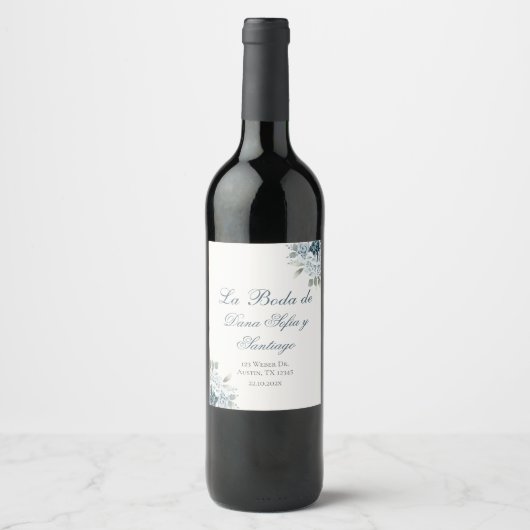 Étiquette Pour Bouteilles De Vin Mariage Floral Bleu espagnol (Devant)