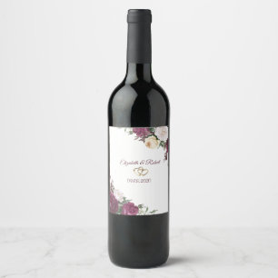 Étiquette Pour Bouteilles De Vin Mariage Floral Bourgogne Cœurs D'Or