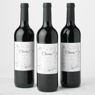 Étiquette Pour Bouteilles De Vin Mariage Floral Fantaisiste Bleu Poussiéreux et Ros