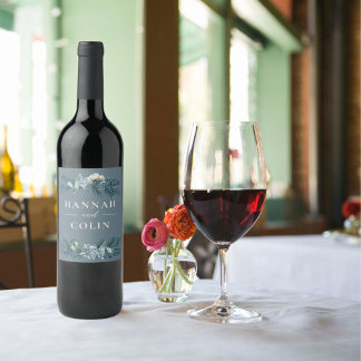 Étiquette Pour Bouteilles De Vin Mariage floral gris bleu foncé hiver