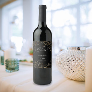 Étiquette Pour Bouteilles De Vin Mariage Floral Linal Or - Noir