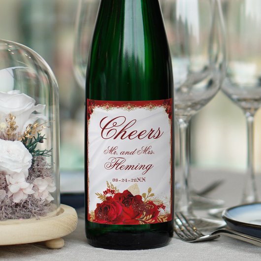Étiquette Pour Bouteilles De Vin Mariage floral métallique rouge et or
