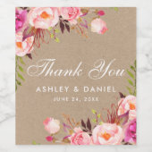 Étiquette Pour Bouteilles De Vin Mariage floral rose Kraft (Étiquettes simples)