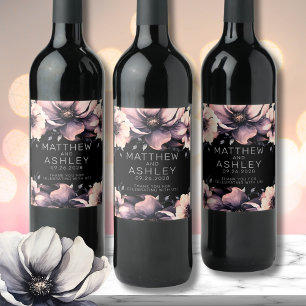 Étiquette Pour Bouteilles De Vin Mariage Floral Rose Noir Élégant Moderne