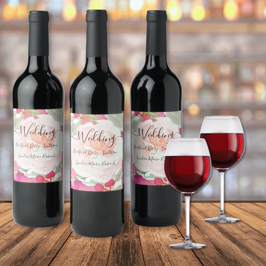 Étiquette Pour Bouteilles De Vin Mariage floral rose pâle simple