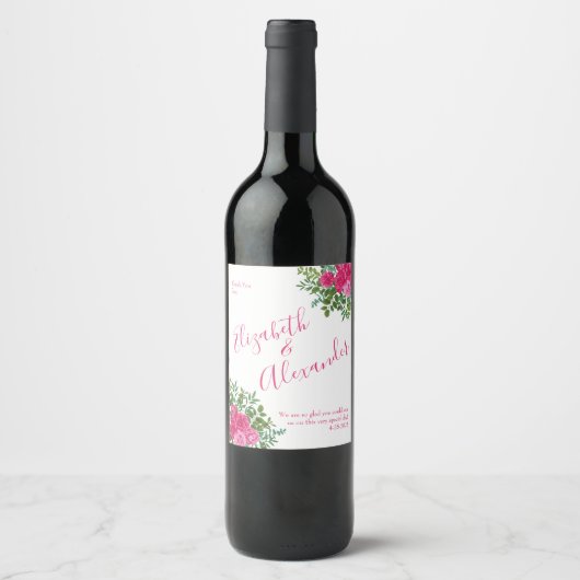 Étiquette Pour Bouteilles De Vin Mariage floral rose vif (Devant)