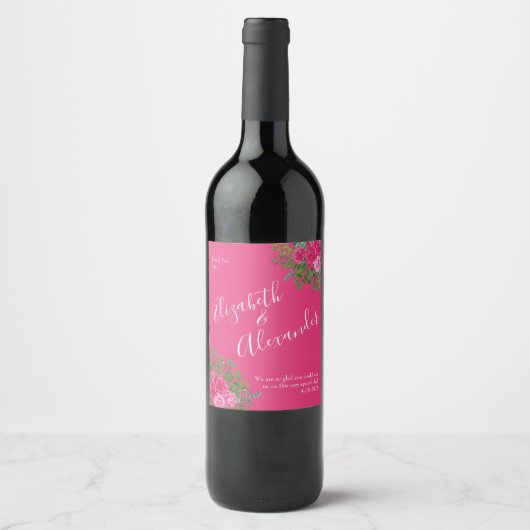 Étiquette Pour Bouteilles De Vin Mariage floral rose vif (Devant)