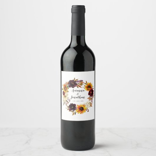 Étiquette Pour Bouteilles De Vin Mariage floral rustique d'automne (Devant)
