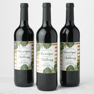 Étiquette Pour Bouteilles De Vin Mariage Gold Foil & Green Palm Leaf Beach