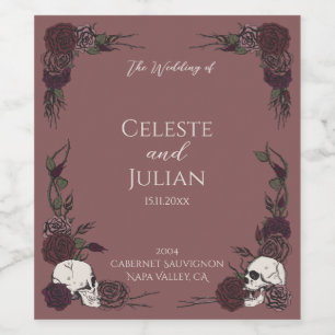 Étiquette Pour Bouteilles De Vin Mariage gothique Fleurs et Crânes Mauve foncé