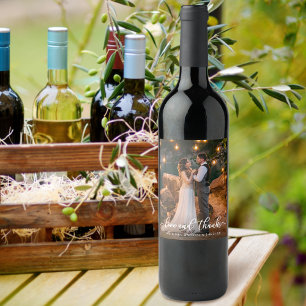 Étiquette Pour Bouteilles De Vin Mariage Love and Thanks Elegant Script Photo