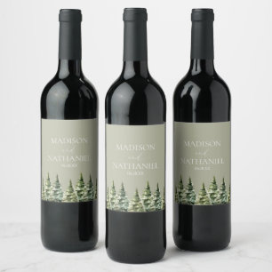 Étiquette Pour Bouteilles De Vin Mariage minimaliste de la forêt de pins neigeux d'