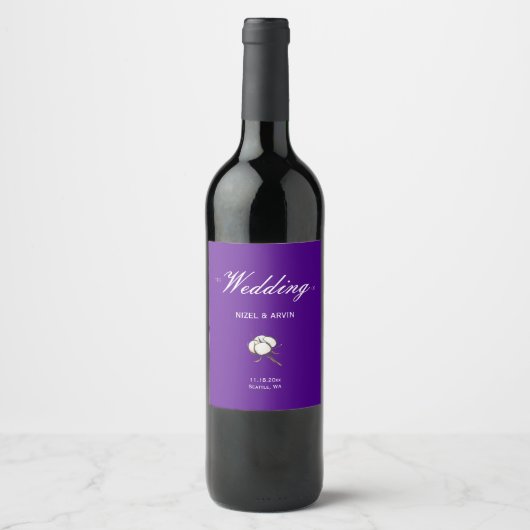 Étiquette Pour Bouteilles De Vin Mariage moderne en coton violet profond (Devant)