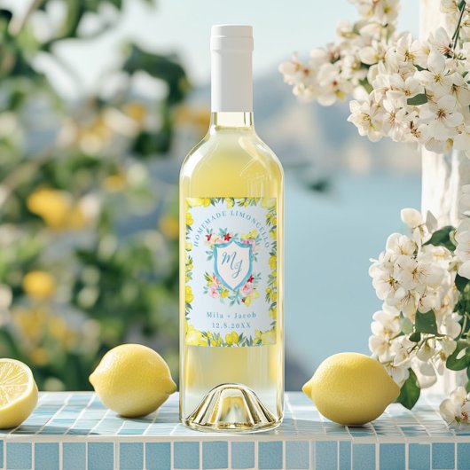 Étiquette Pour Bouteilles De Vin Mariage Monogram Crest de la Méditerranée Limoncel