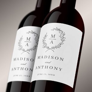 Étiquette Pour Bouteilles De Vin Mariage Monogramme classique blanc simple et éléga