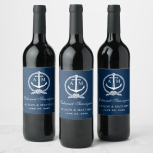 Étiquette Pour Bouteilles De Vin Mariage Monogramme d'Ancre de la Marine Nautique