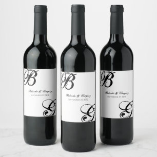 Étiquette Pour Bouteilles De Vin Mariage Monogramme noir et blanc