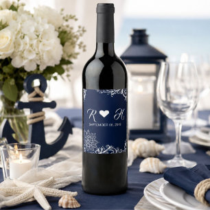 Étiquette Pour Bouteilles De Vin mariage nautique blanc dentelle bleu marine plage