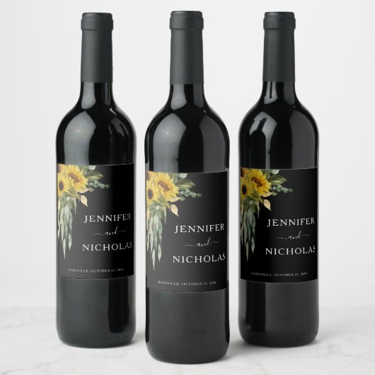 Étiquette Pour Bouteilles De Vin Mariage noir de tournesol noir moderne (Bouteilles)