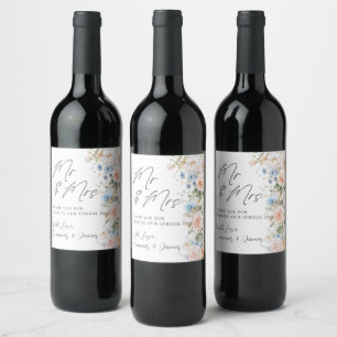 Étiquette Pour Bouteilles De Vin Mariage pastel rose blanc bleu floral M et Mme