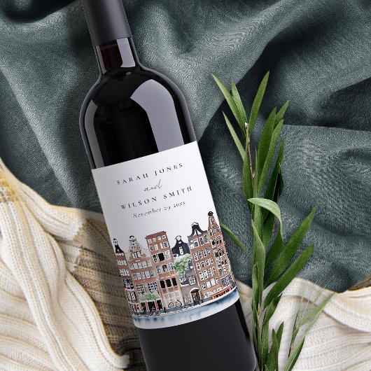 Étiquette Pour Bouteilles De Vin Mariage paysager du canal néerlandais d'Amsterdam