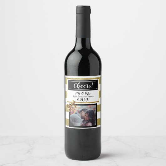 Étiquette Pour Bouteilles De Vin Mariage personnalisé Gold et Black Bow (Devant)