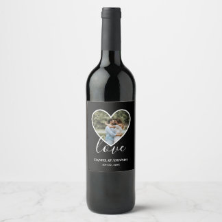 Étiquette Pour Bouteilles De Vin Mariage Photo Black Heart Frame Moderne Calligraph
