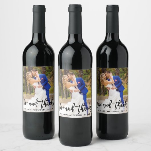 Étiquette Pour Bouteilles De Vin Mariage photo moderne Brush Script Love and Thanks (Bouteilles)