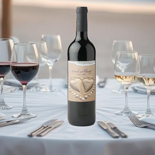 Étiquette Pour Bouteilles De Vin Mariage plage Coeurs de sable